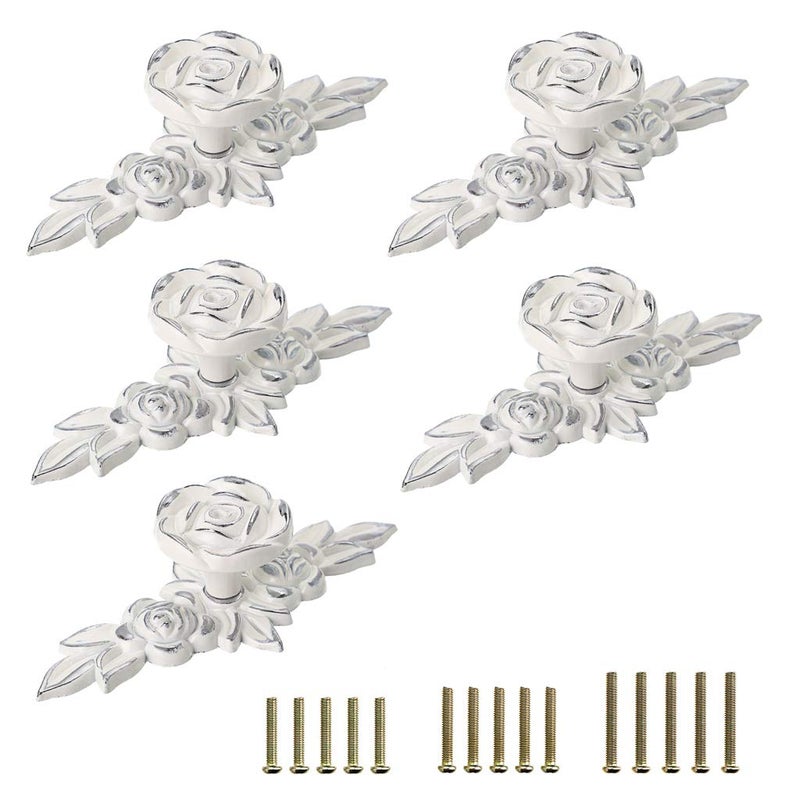 JUXYES Pack of 5 Euro Rose Decorative Cabinet Knobs with Plate, Floral Ivory Drawer Knob Cupboard Door Knobs, Ivory White Drawer Pulls Cabinet Handle Knobs for Dresser Cabinet (S, Ivory with Silver) - Image 1